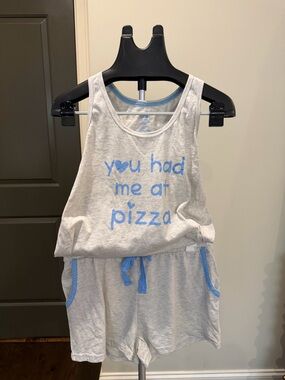 Light Gray & Blue 'You Had Me at Pizza' Women's Pajama Tank & Short Set